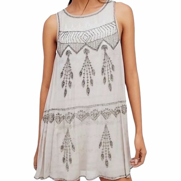 Free People Dresses & Skirts - Free People Delilah Shift Dress Beaded Tan Crinkle Sleeveless Mini Medium M